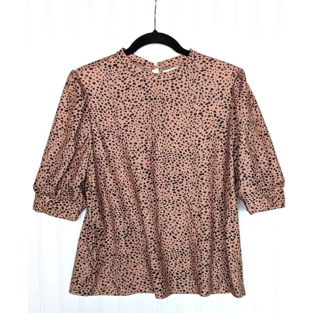 Women’s Tan Animal Leopard Print Knit Crew Neck Puff Sleeve Blouse L